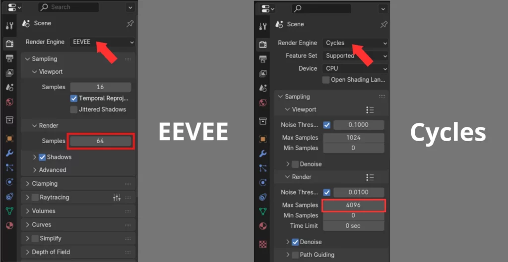 différence du paramétrage des samples pour le rendu dans Eevee et Cycles