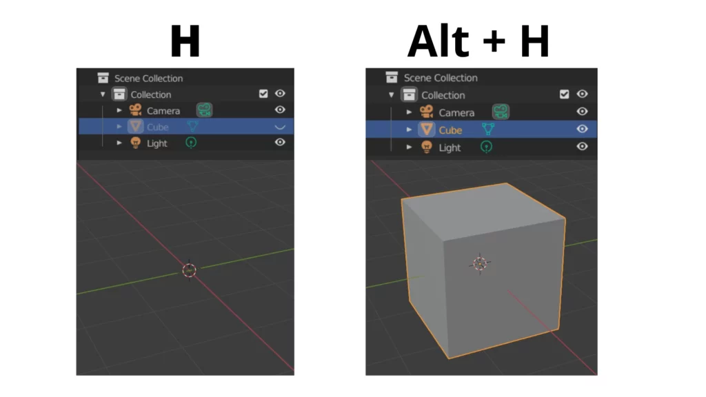 cube caché puis révélé dans Blender