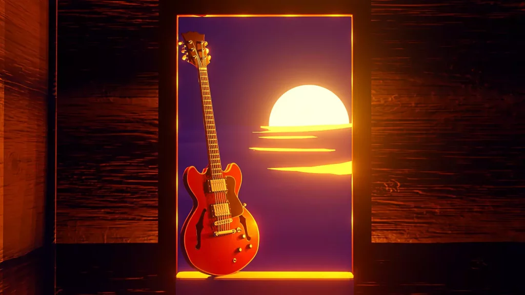 guitare posée sur une fenêtre devant le soleil reflétant sur l'océan