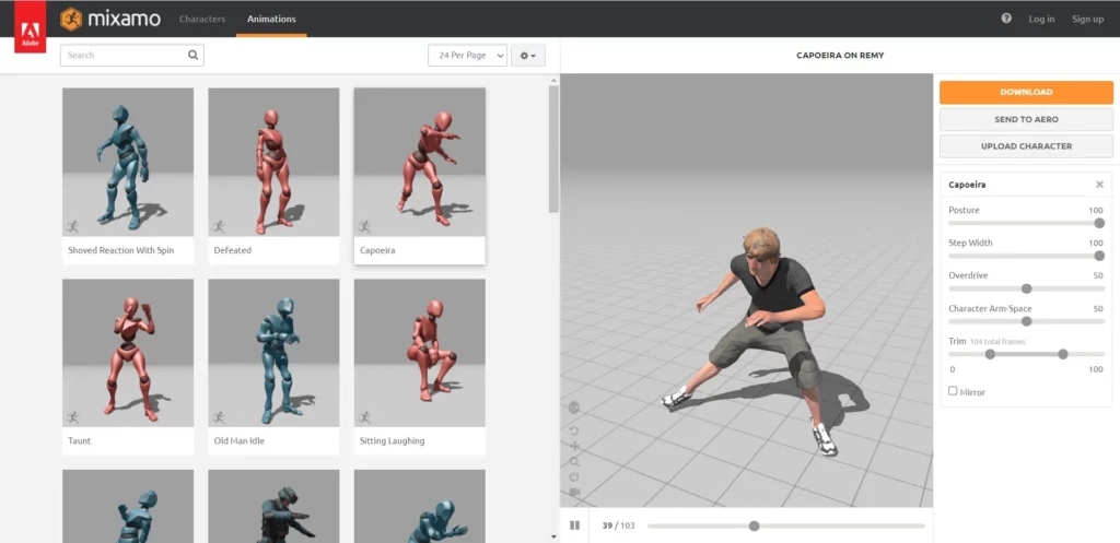 bibliothèque d'animations sur le site mixamo.com