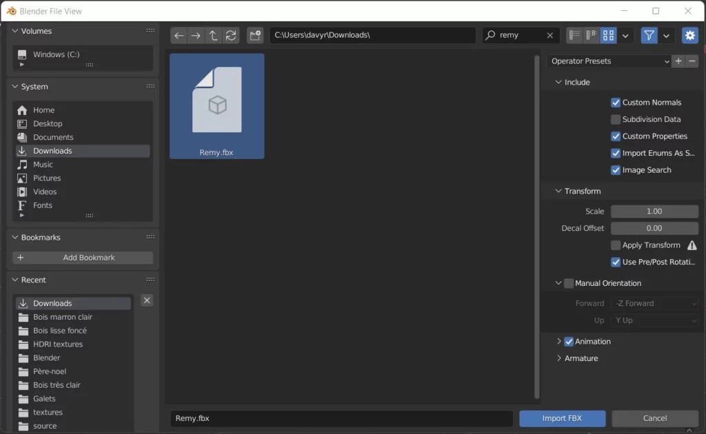 import fichier fbx dans Blender
