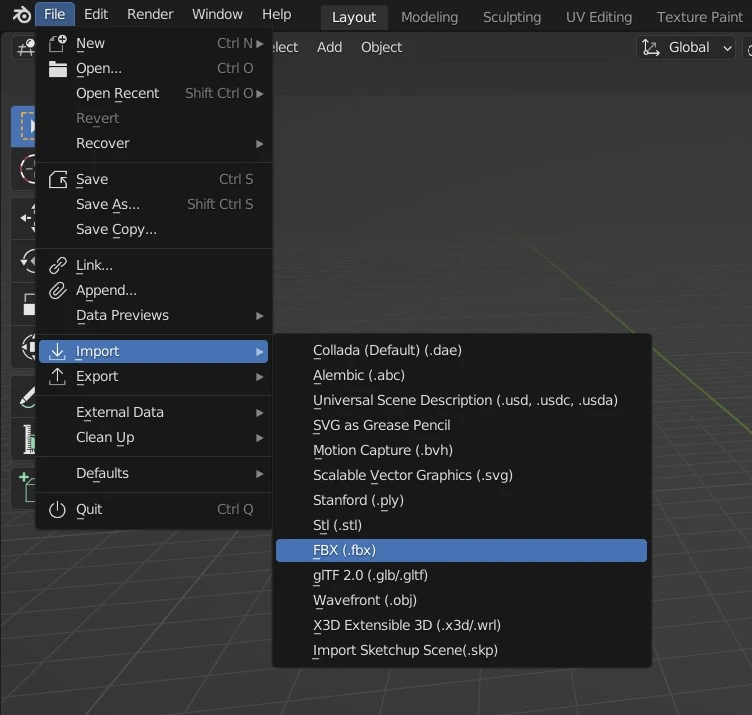 importer un fichier au format fbx dans Blender