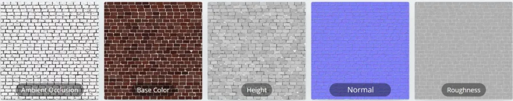 5 cartes de textures : ambient occlusion, base color, height, normal, roughness