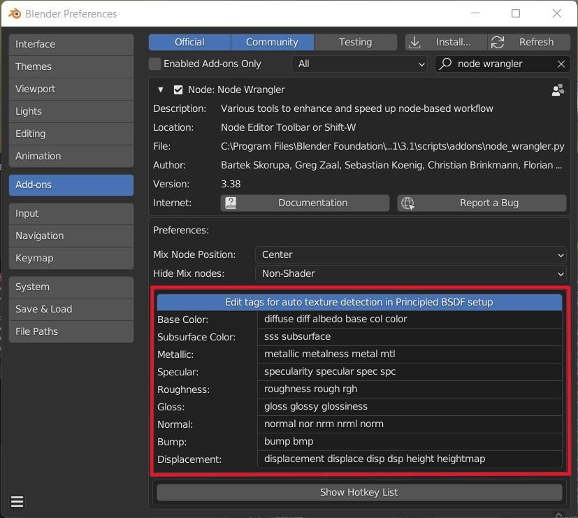 paramétrage des options de l'add-on Node Wrangler