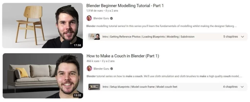 2 tutoriels Youtube de Blender Guru
