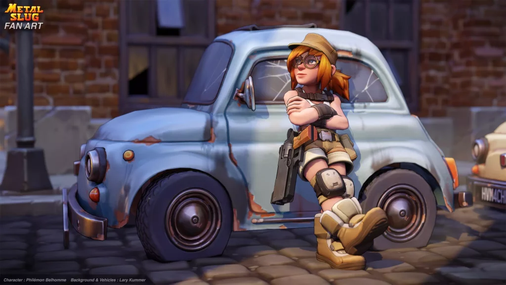 rendu façon jeux vidéo d'un personnage féminin posée contre une voiture - rendu Eevee
