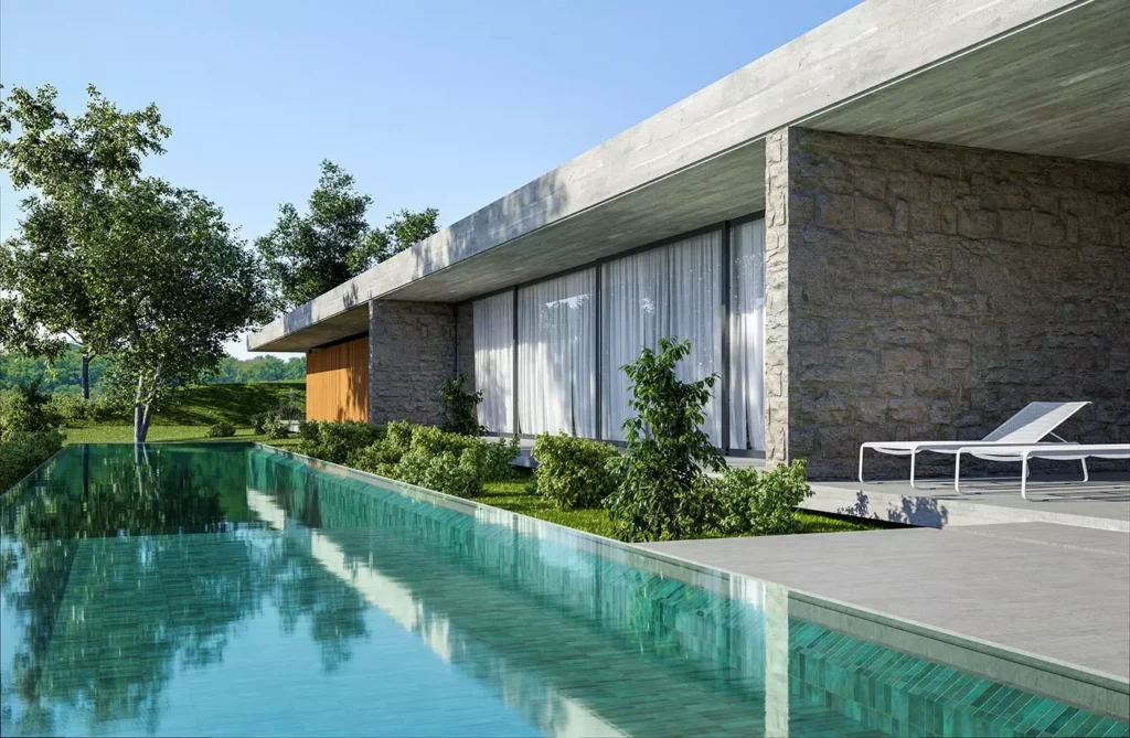 rendu 3D d'une villa avec une piscine, des arbres et un ciel bleu - rendu Cycles