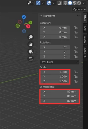 paramétrage des dimensions et de l'échelle de l'objet dans Blender