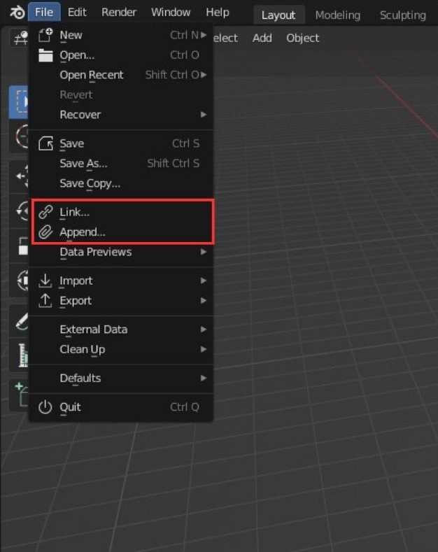 menu pour lier des objets dans Blender