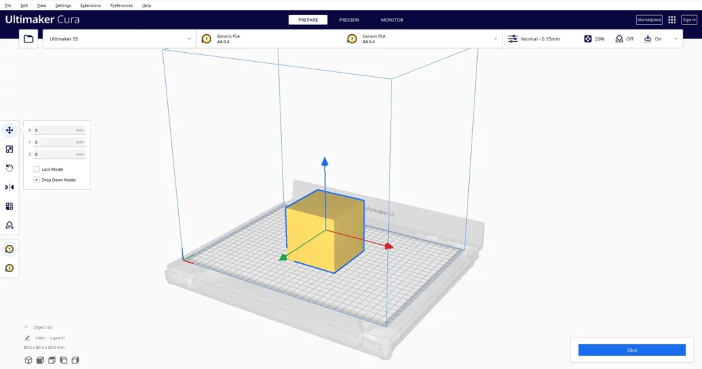 interface du slicer 3D "Cura"