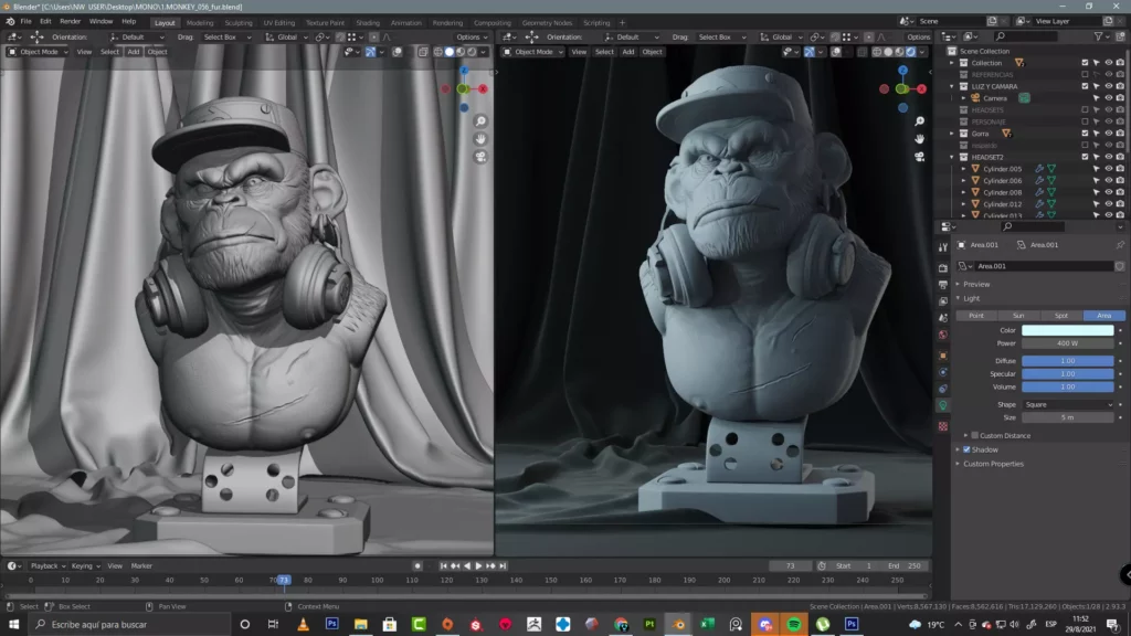 modèle 3D d'un singe avec une casquette et un casque modélisé dans le logiciel Blender