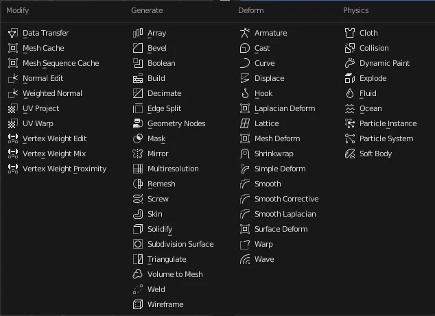 liste des modificateurs dans Blender