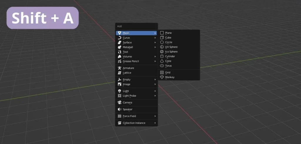 raccourci menu d'objets dans Blender