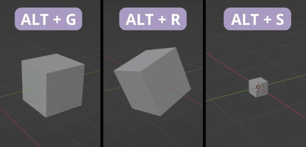 raccourcis pour remettre un objet à sa position de départ dans Blender