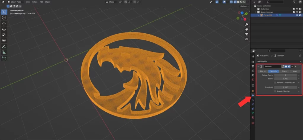 utilisation du modifier "Remesh" sur le logo 3D