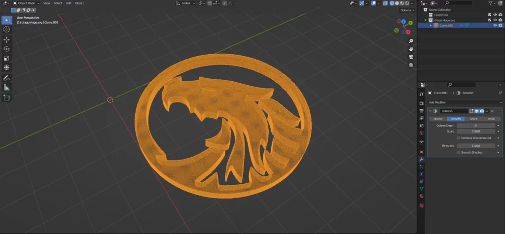 utilisation du modifier "Remesh" sur le logo 3D