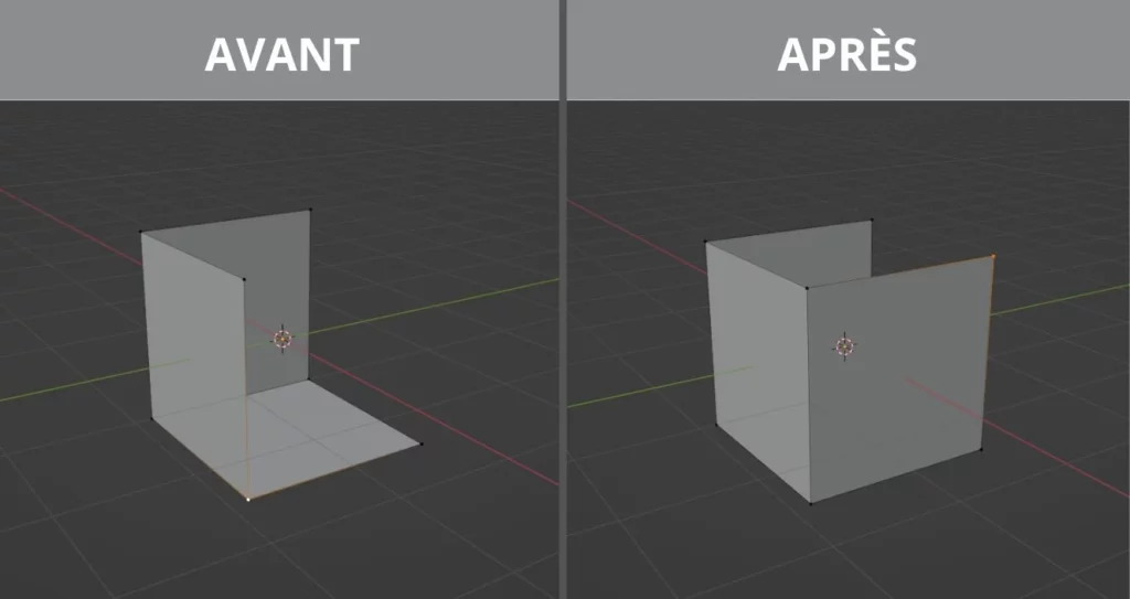 illustration d'utilisation de l'add-on F2 dans Blender avant/après