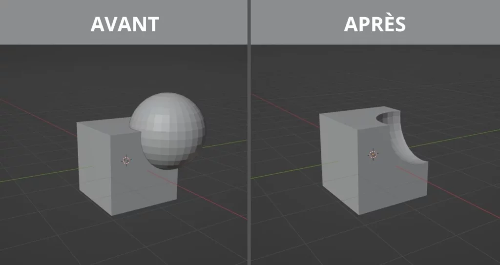 illustration d'utilisation de l'add-on BoolTool dans Blender avant/après