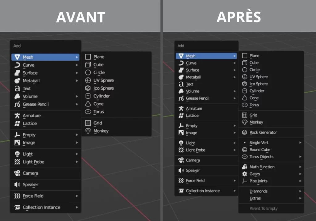 illustration d'utilisation de l'add-on Extra Objects dans Blender avant/après