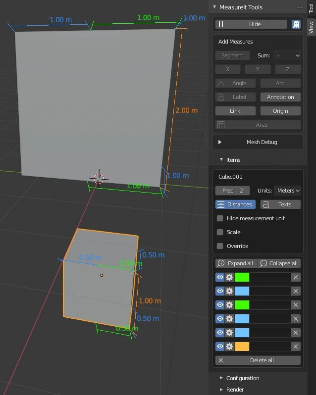 illustration des mesures dans Blender sur une surface plane et un cube à l'aide de l'add-on Measurelt