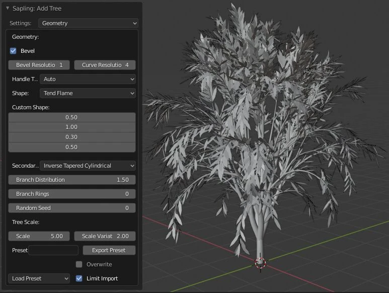 plante ajoutée avec l'add-on Sapling Tree Gen dans Blender