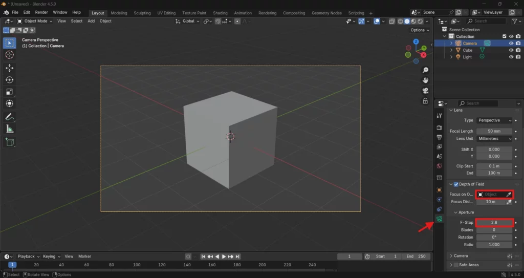 Réglage de la profondeur de champ de la caméra dans Blender