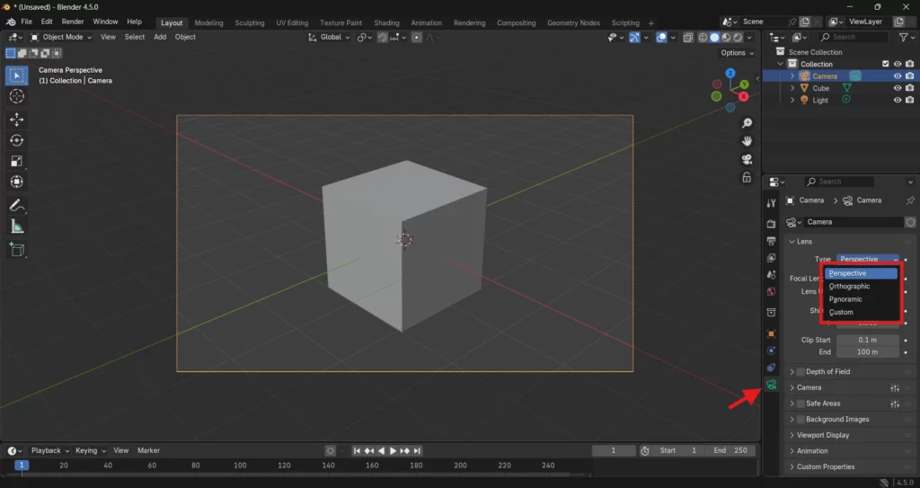 Sélection du mode de projection de la caméra dans Blender