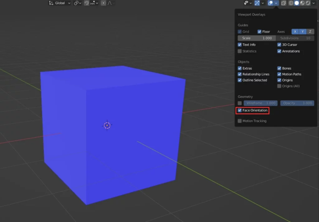 activation de l’option « Face Orientation » dans Blender