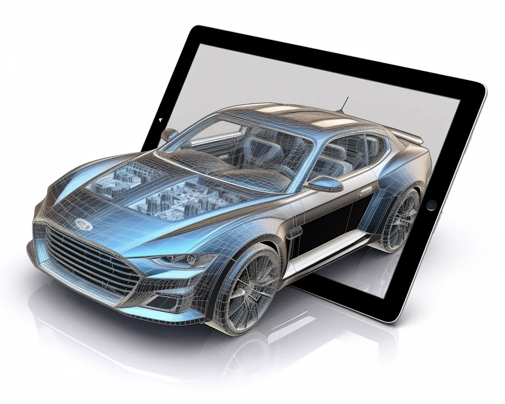 voiture modélisé en 3D et ipad noir