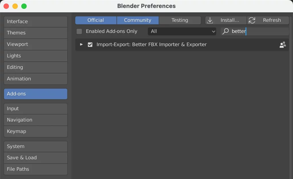 installation de l’add-on « Better FBX Importer & Exporter »