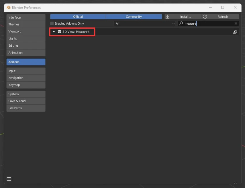 activation de l'add-on Measurelt dans blender