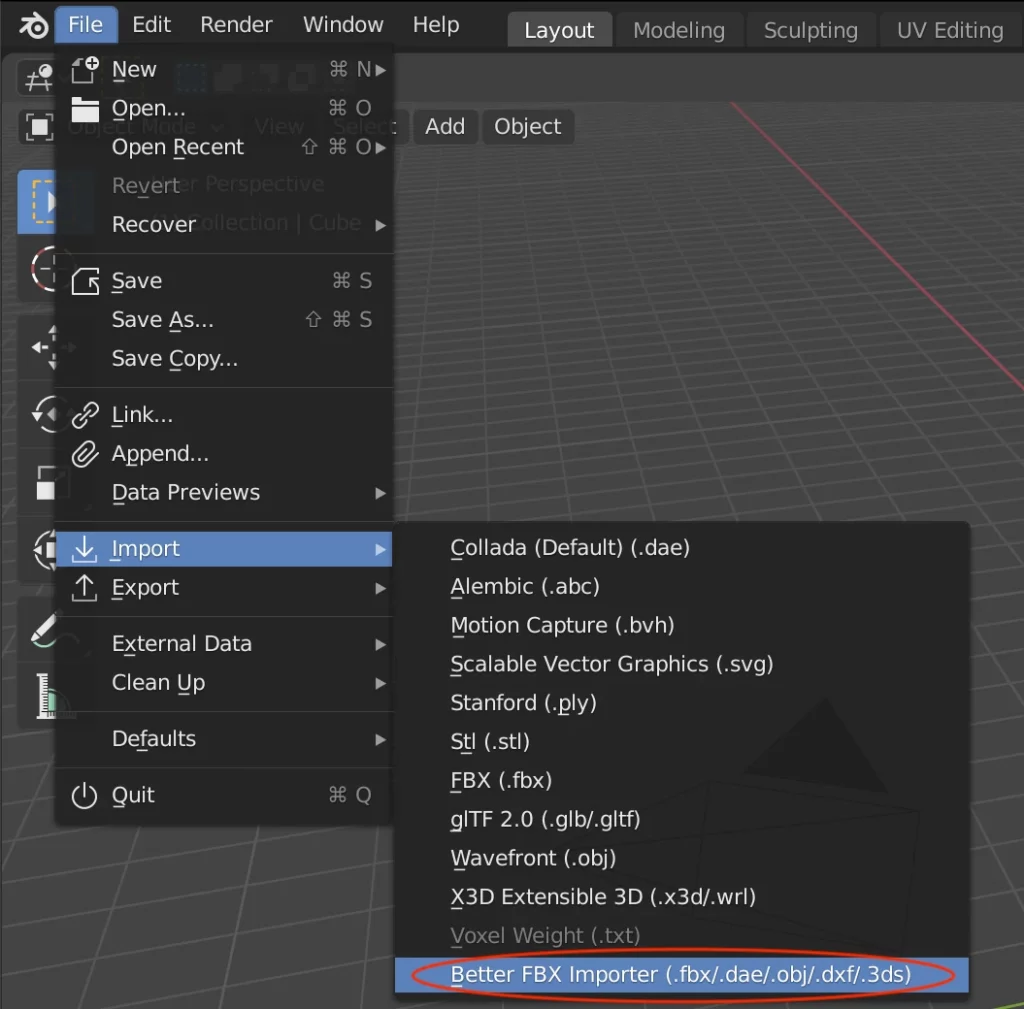 importation du fichier ASCII FBX directement dans Blender