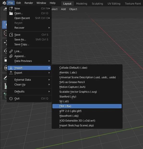 importation du fichier FBX dans Blender