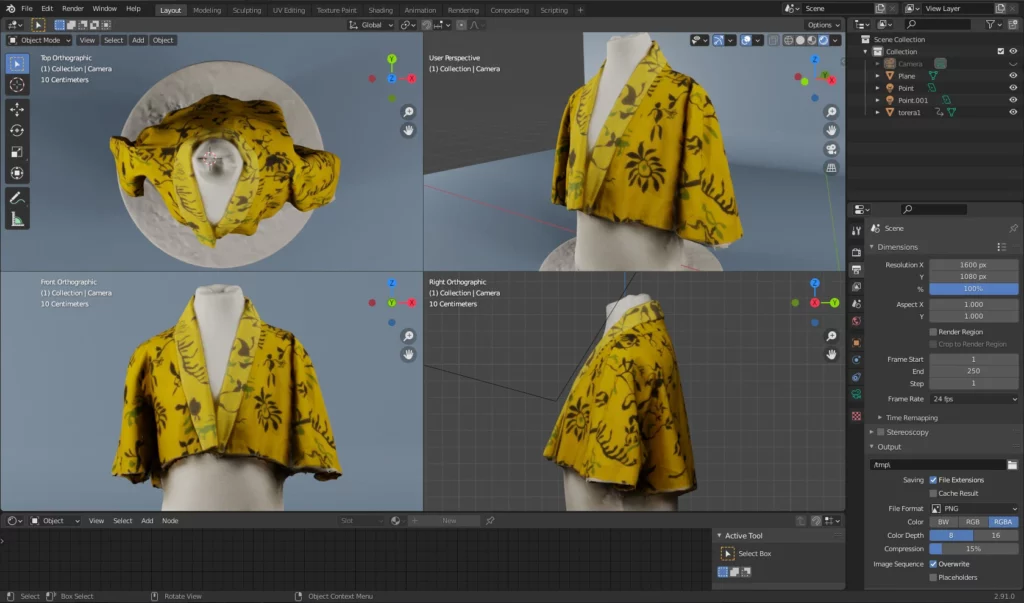 vêtements jaunes modélisés en 3D dans Blender