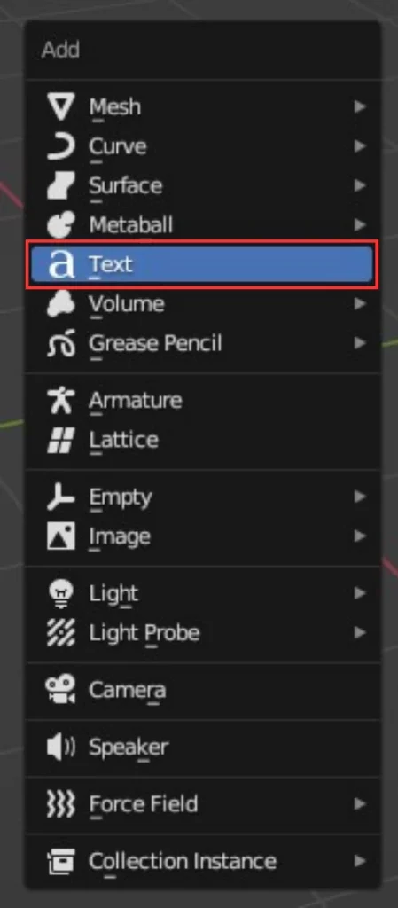 menu d'ajout de texte dans Blender
