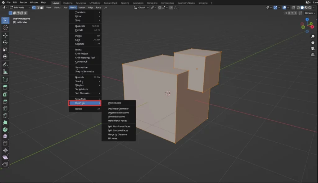 fonctionnalité "Clean Up" dans Blender