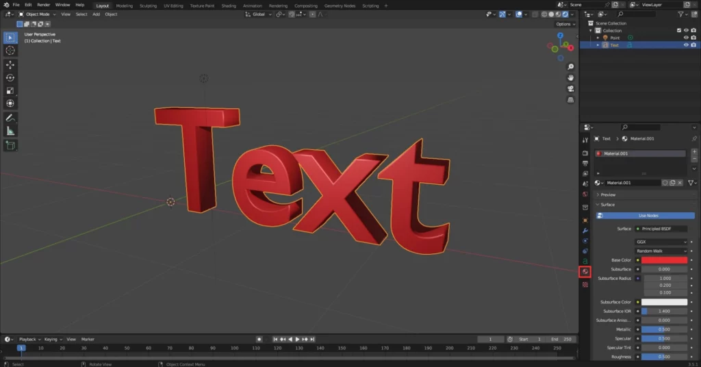 texte coloré en rouge dans Blender