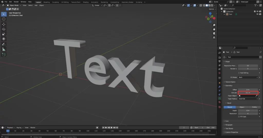 Extrude texte dans Blender