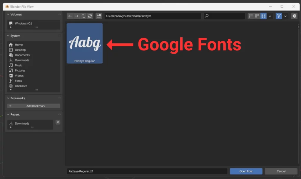 Police de texte importée dans Blender à partir de Google Fonts
