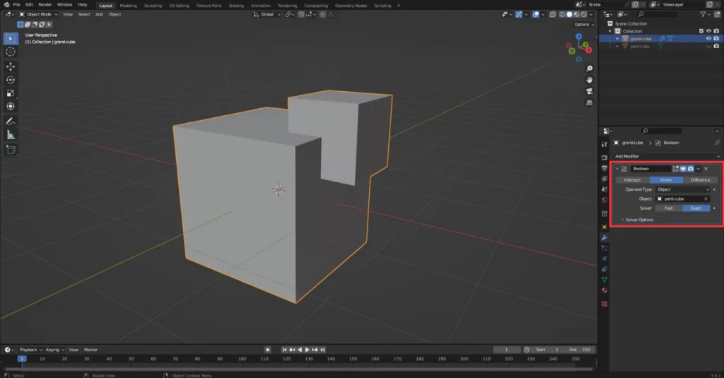 fusion de 2 objets dans Blender avec l'utilisation du modificateur "Boolean"