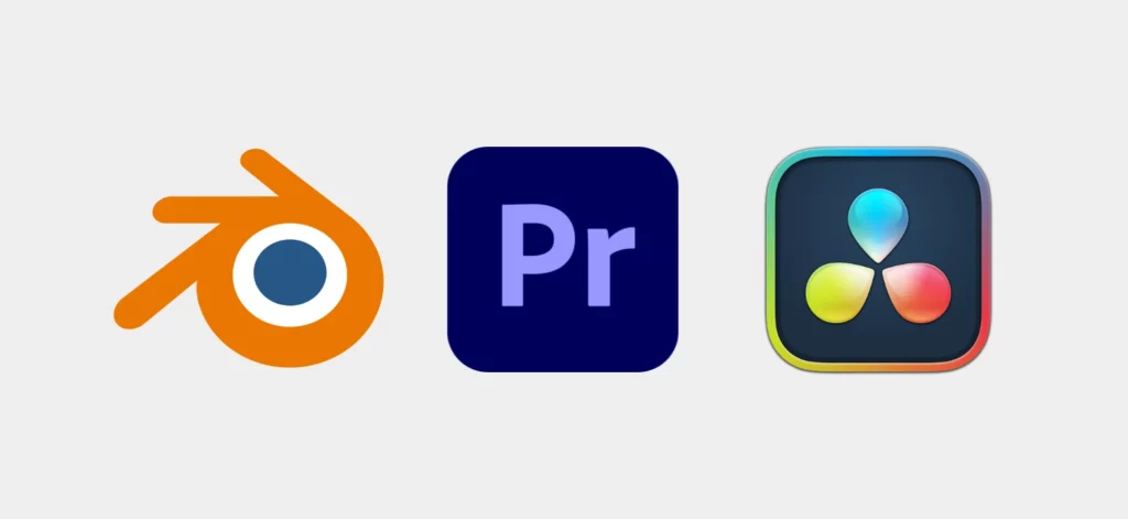 logo des logiciels Blender, Adobe Premiere Pro et DaVinci Resolve