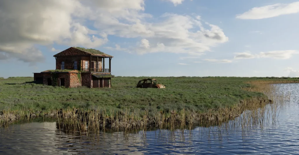 rendu 3D d'une maison en brique devant un marais