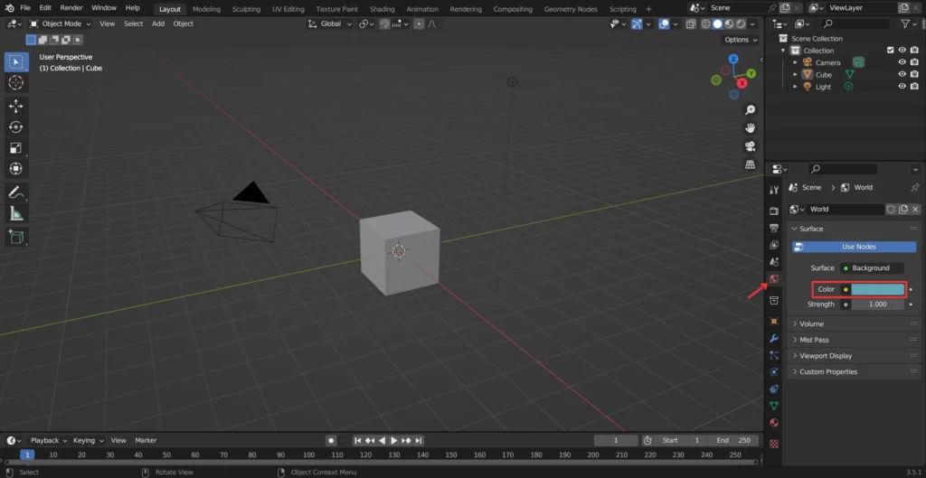 viewport Blender avec selection d'un arriere-plan de couleur bleu pour le rendu