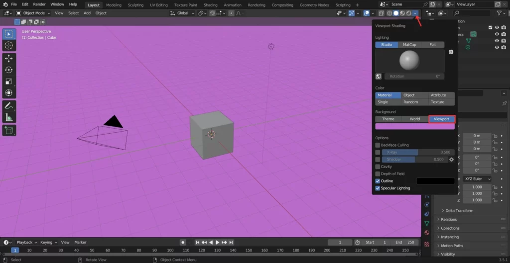 viewport Blender avec un arriere-plan de couleur rose