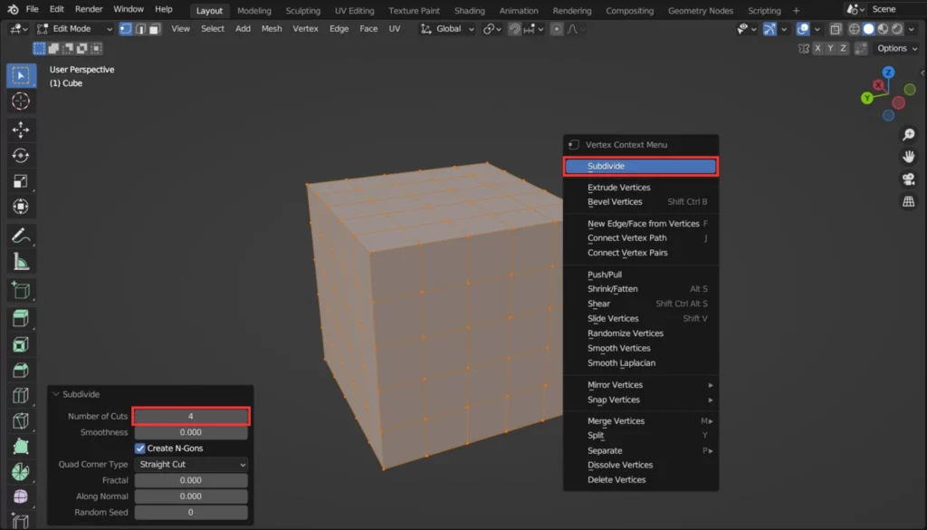 subdivision d'un cube en mode édition dans Blender