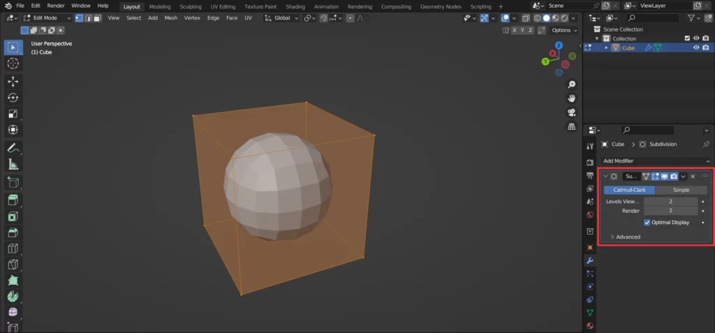 utilisation du modifier Subdivision Surface sur un cube dans Blender