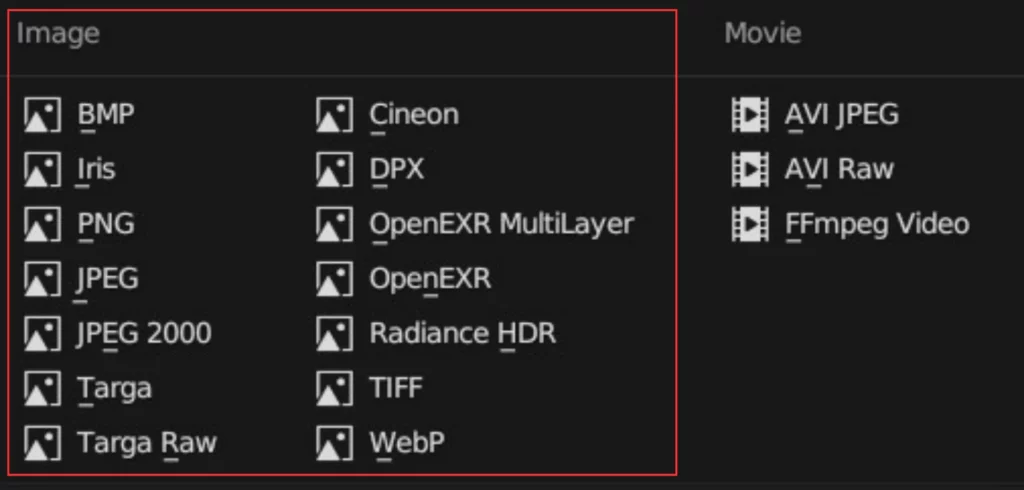 liste des formats d'image dans Blender