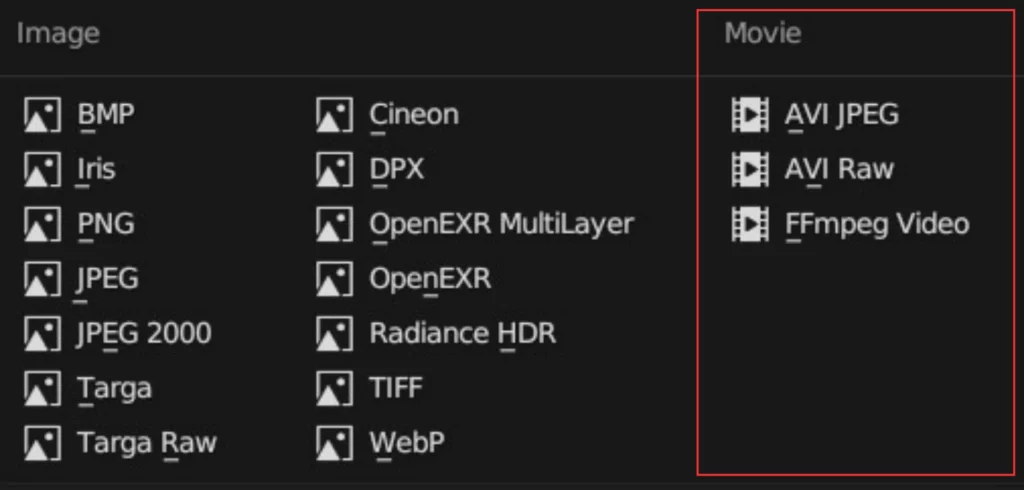 liste des formats de vidéo dans Blender