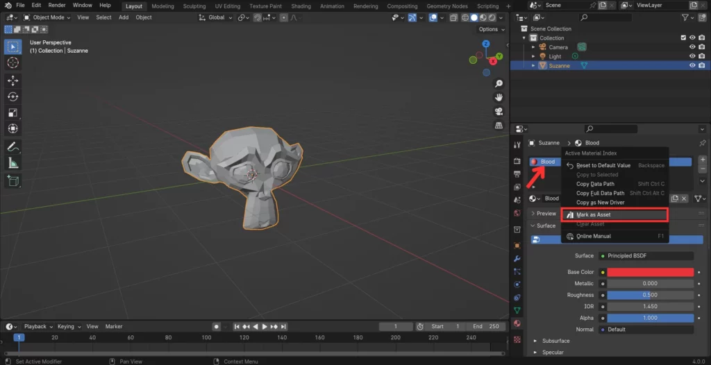 marquer un matériau comme asset dans Blender