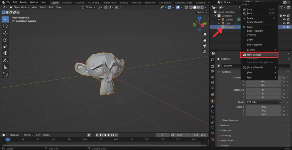 marquer un objet comme asset dans Blender